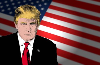 Donald Trump 'ın Amerikan bayrağı arkaplanındaki resmi tasviri. Kelimelerini, konuşmalarını, resmi açıklamalarını yazmak için yeri var. Metin eklemek için boşluk, kopyalama alanı. ABD.