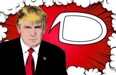 Donald Trump 'ın resimli bir karikatür kutusu. Metni özgürce yazmak için boş pencere baloncuğu boşluğu. Kepçe, olay, patlayıcı konuşma... Pop sanat tarzı.