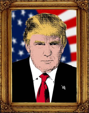 Başkan Donald Trump 'ın portresi lüks bir klasik çerçevede güç, zafer, yeni kralın resmi portresi, Amerikan başkanı. Resim, çizim.