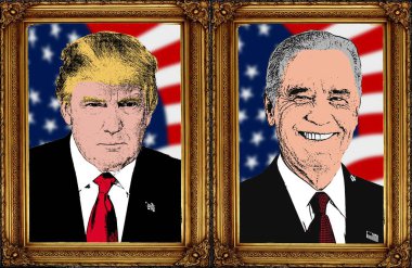 Donald Trump ve Joe Biden 'ın lüks klasik çerçevedeki portresi gücü, zaferi, Amerika' nın yeni kralının resmi portresini temsil ediyor. Resim, çizim.