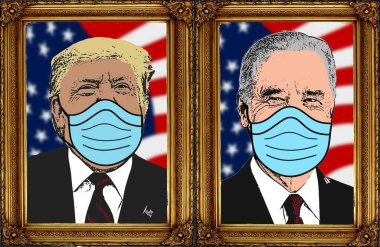 D. Trump ve J. Biden maskeli, başkanlık portresi, covid19, yüz maskesi covid-19 salgını.