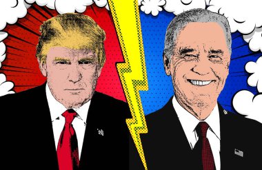 Match Trump Biden, Amerikan seçimleri, retro pop tarzı arka planda çizilmiş illüstrasyon, mavi demokrat ve kırmızı cumhuriyetçi arka plan, savaş flaşı, çatışma, çatışma. Posterize çizgi roman biçimi.