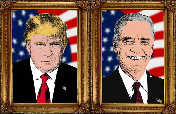 Donald Trump ve Joe Biden 'ın lüks klasik çerçevedeki portresi gücü, zaferi, Amerika' nın yeni kralının resmi portresini temsil ediyor. Resim, çizim.