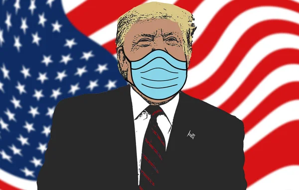 Donald Trump tested positive for covid-19, presidential campaign during coronavirus, U.S. election, debate postponed, illustration on american flag background, D.Trump