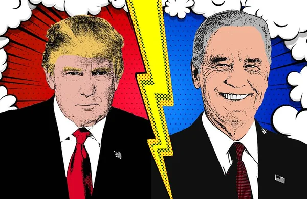 Match Trump Biden, Amerikan seçimleri, retro pop tarzı arka planda çizilmiş illüstrasyon, mavi demokrat ve kırmızı cumhuriyetçi arka plan, savaş flaşı, çatışma, çatışma. Posterize çizgi roman biçimi.