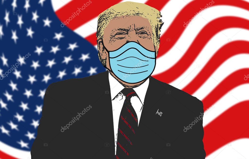 Donald Trump tested positive for covid-19, presidential campaign during coronavirus, U.S. election, debate postponed, illustration on american flag background, D.Trump