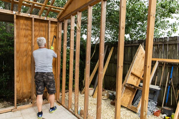 Demolition Phase Man Tearing Old Shed Backyard Rotting Falling Apart — Stock Photo, Image