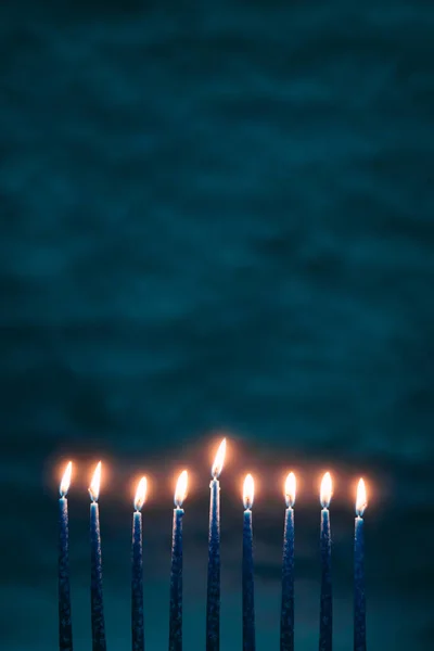 Burning Blue Candles Jewish Menorah Hanukkah Dark Blue Background — Stock Photo, Image