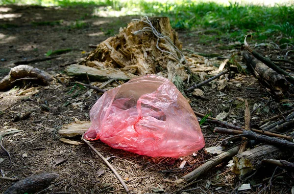 Vacía Bolsa Plástico Rojo Vertedero Los Bosques Que Yacen Suelo —  Fotos de Stock