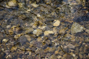Temiz nehir suyunun altında kayalar, yakın plan, su arka plan