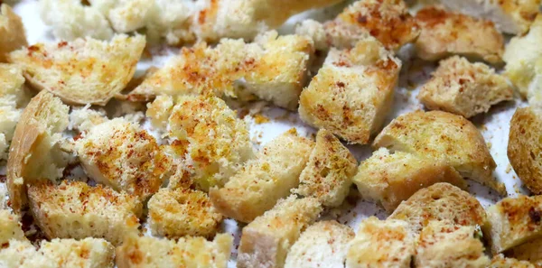 Dried baked crispy bread crumbs with garlic, salt and paprika powder,close up — Stock Image Dried Baked Crispy Bread Crumbs Garlic Salt Paprika Powder Close Stock Photo