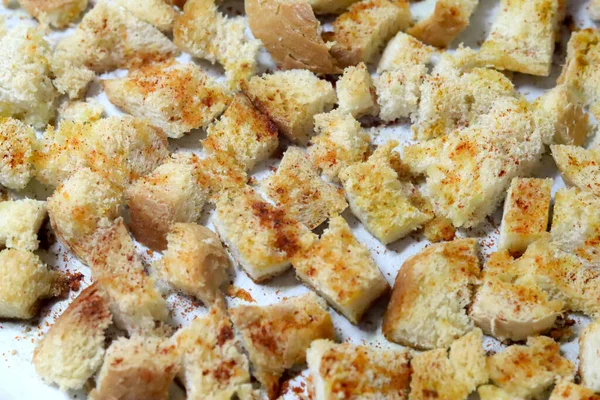 Dried baked crispy bread crumbs with garlic, salt and paprika powder,close up — Stock Image Dried Baked Crispy Bread Crumbs Garlic Salt Paprika Powder Close Stock Photo