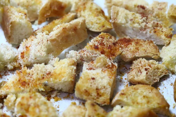 Dried baked crispy bread crumbs with garlic, salt and paprika powder,close up — Stock Image Dried Baked Crispy Bread Crumbs Garlic Salt Paprika Powder Close Royalty Free Stock Images