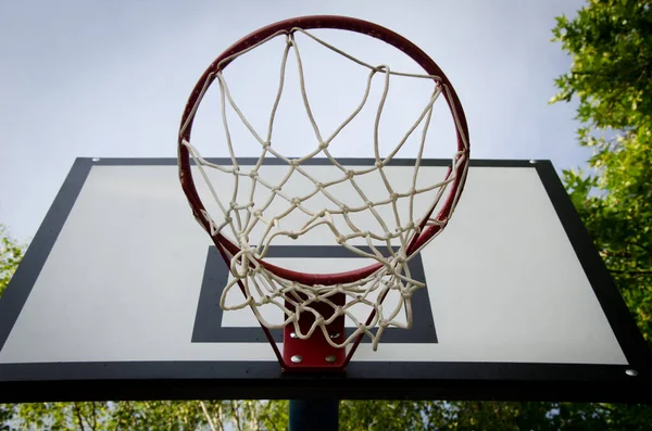 close up detail of basketball board with red hoop and net in park, down view with trees and sky as background