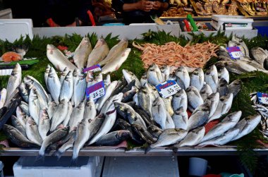 İstanbul, Türkiye, 07 Mart 2019: İstanbul 'daki Mısır Pazarı' nda indirimde olan çeşitli çiğ balıklar