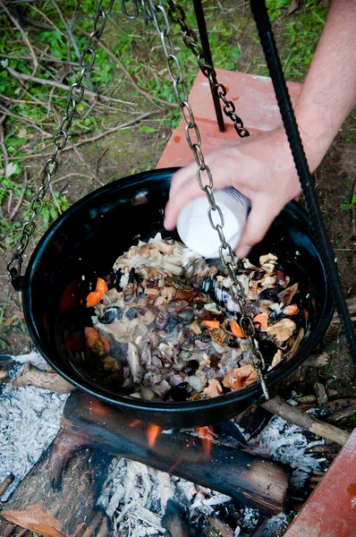 Mão Homem Salgando Deliciosa Refeição Cogumelos Cenouras Grande Chaleira Metal — Fotografia de Stock