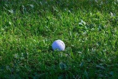 Kırık bir golf topu yeşil çimlerde.