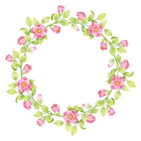 Vodový Věnec Růžových Květin Zelených Větviček Listy Izolované Bílém Pozadí — Stock fotografie