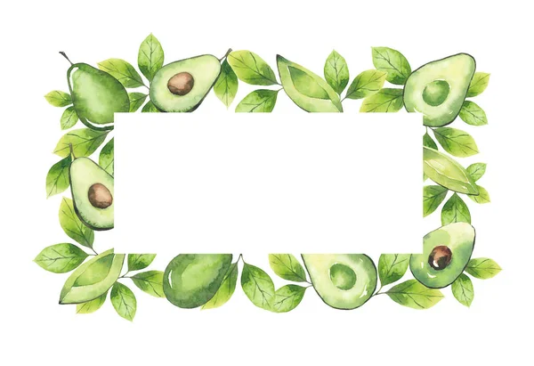 Акварель Прямоугольная Рамка Авокадо Зеленых Элементов Изолированы Белом Фоне — стоковое фото