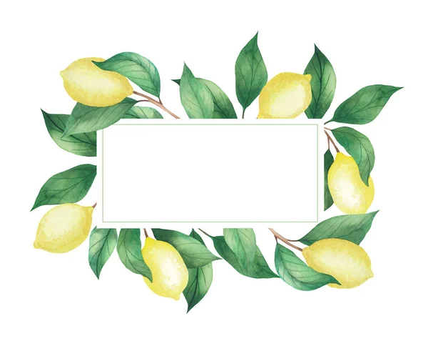 Watercolor rectangular frame of lemons and green branches, leaves. Isolated drawing on a white background.  Perfect for cards, invitations, logo and much more