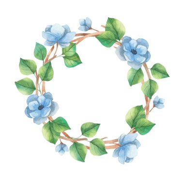 Yeşillik ve mavi şakayık çiçekleri suluboya çelengi. Suluboya elementleri beyaz arkaplanda izole edildi