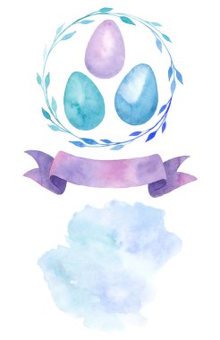 Mutlu Paskalya suluboya elementleri, yapraklı renkli yumurtalar, mor kurdele bayrağı, soyut nokta, tebrik kartı, beyaz üzerine izole edilmiş.