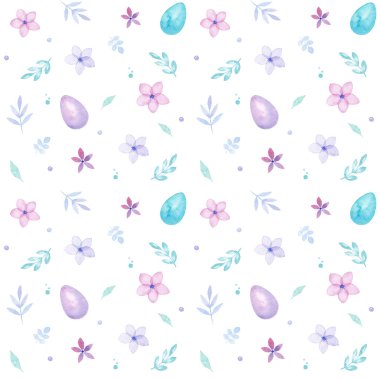 Mutlu Paskalya tatilleri sulu boya desenleri, renkli yumurtalar, çiçekler ve yapraklar, tebrik kartları, beyazlar içinde izole edilmiş.