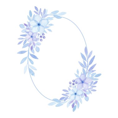 Mavi çiçeklerden oluşan suluboya çerçeve, tebrik kartı, kopya alanı, izole edilmiş
