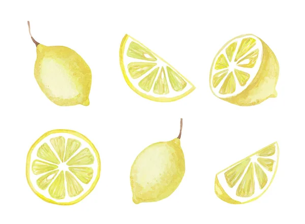 Conjunto Acuarelas Limones Amarillos Aislados Sobre Fondo Blanco —  Fotos de Stock