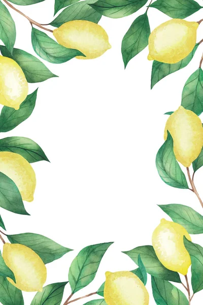 Bellissimo Invito Acquerello Sfondo Bianco Cornice Limoni Rami Verdi Foglie — Foto Stock