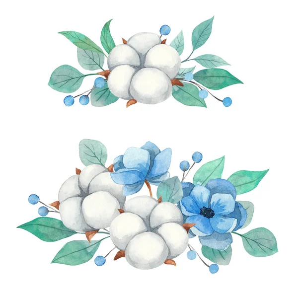 Frühling Aquarell Set Blumensträuße Aus Anemonen Baumwolle Und Zweigen — Stockfoto