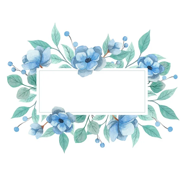 Pozvánka Akvarelového Rámu Bílém Pozadí Modré Květy Sasanky Tyrkysové Větvičky — Stock fotografie