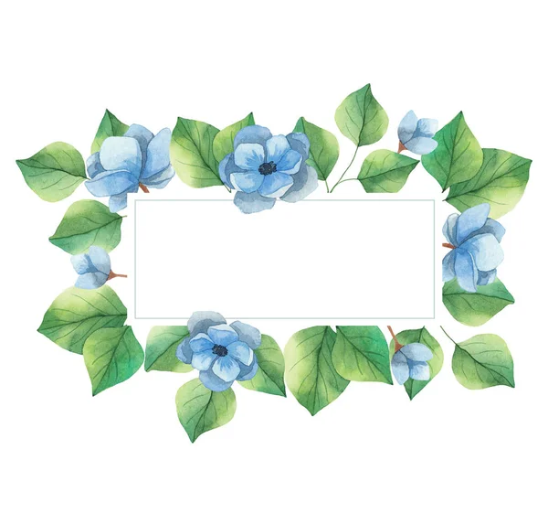 Pozvánka Akvarelového Rámu Bílém Pozadí Modré Květy Sasanky Zelené Větvičky — Stock fotografie