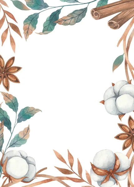 Rama Akwarelowa Kwiatów Bawełny Przyprawy Cynamonu Anyżu Gałązek Izolowana Białym — Zdjęcie stockowe