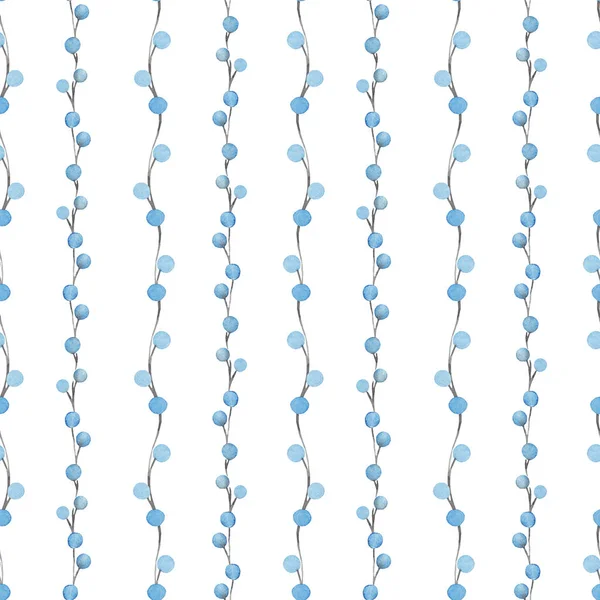 Watercolor seamless minimalist pattern of blue berries on a branch, isolated on a white background. Perfect for wrapping paper, textile, wallpaper, and more