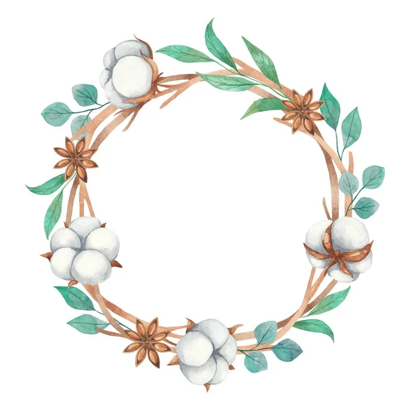 Watercolor wreath of cotton flowers, anise and twigs isolated on white background.  Perfect for cards, invitations, logo and much more