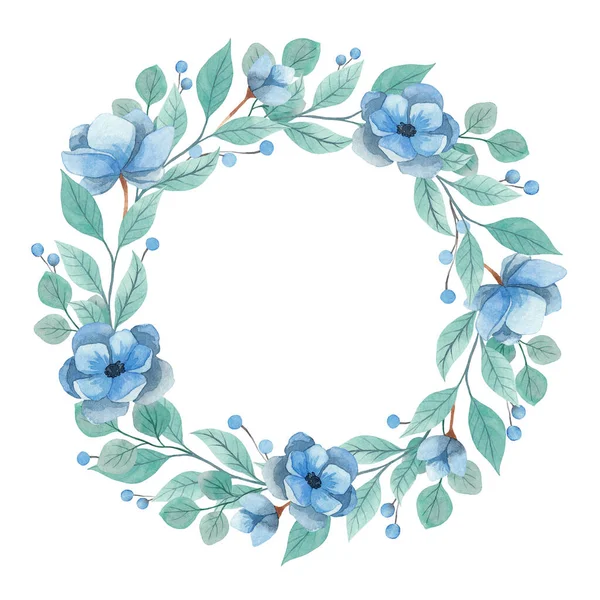 Beyaz arka planda suluboya çelenk daveti. Mavi şakayık çiçekleri ve turkuaz dalları