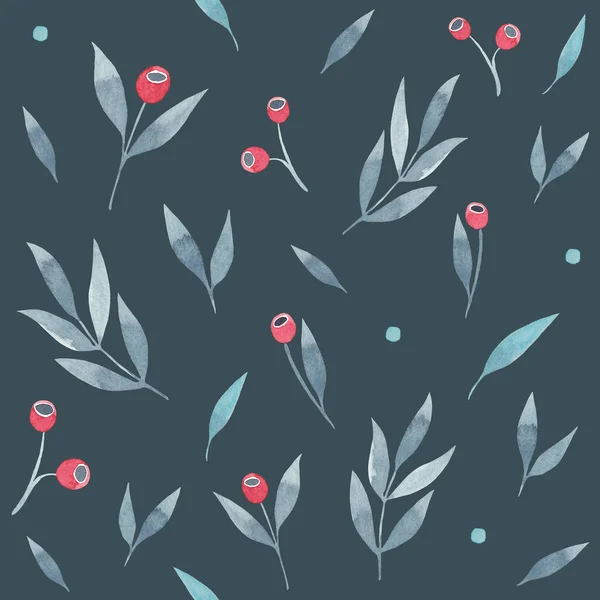 Gri yapraklı ve koyu arkaplanda kırmızı böğürtlenli soyut çiçek deseni. El boyaması illüstrasyon. Kış kusursuz desen. Paket kağıdı, baskı, ambalaj, duvar kağıdı, tekstil için ideal