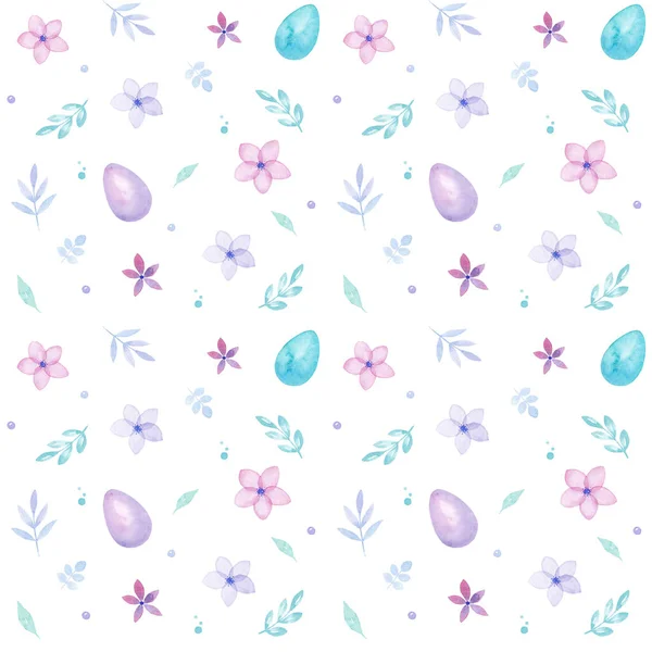 Feliz Pascua Acuarela Patrón Sin Costuras Con Huevos Colores Flores — Foto de Stock