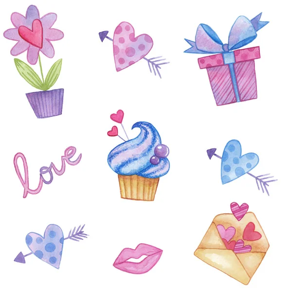 Elementi San Valentino Della Confezione Regalo Valentini Dolce Cupcake Lettera — Foto Stock