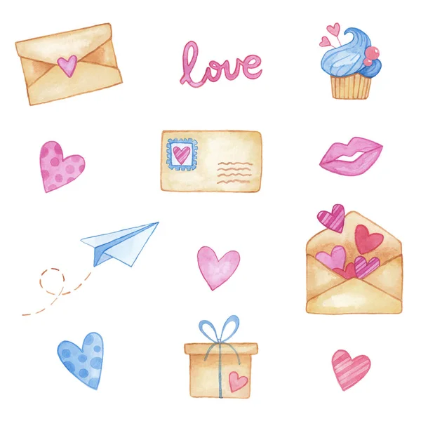 Valentinstag Set Aus Elementen Geschenkbox Valentinstag Süßem Cupcake Und Liebesbrief — Stockfoto