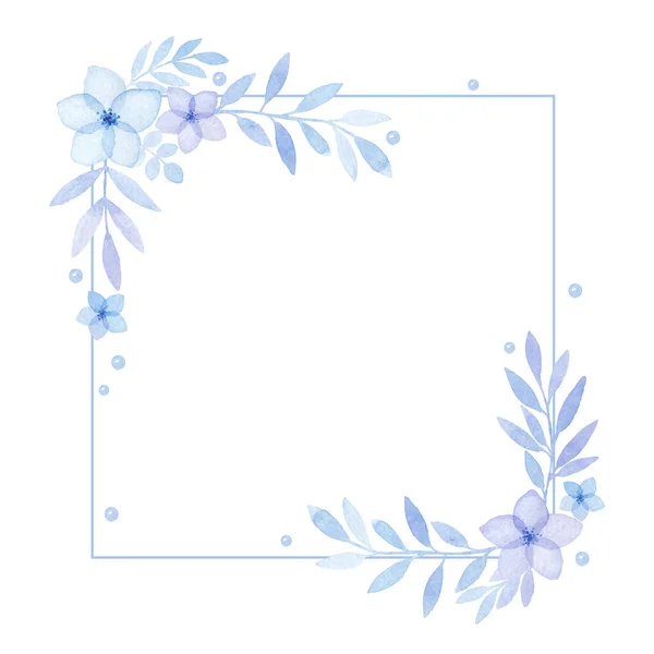 Watercolor elegant floral frame of blue flowers, greeting card, copy space, isolated