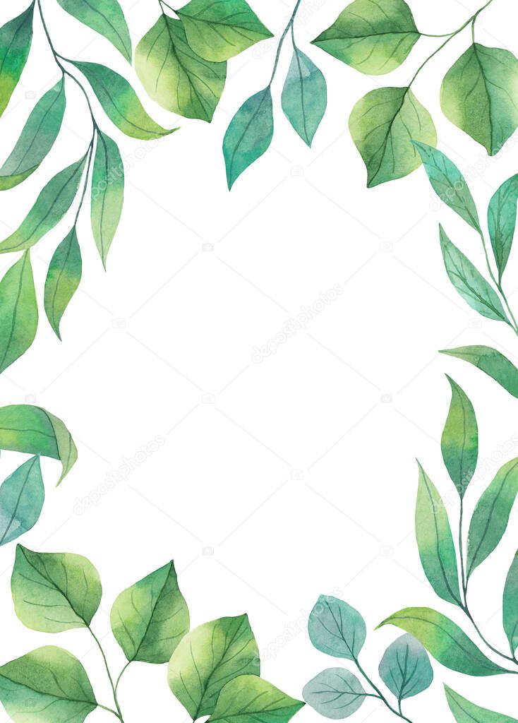 Watercolor frame of greenery. Watercolor elements isolated on a white background