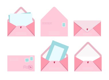 Posta kartı ve zarf seti, vektör illüstrasyon posta mektupları tebrik kartı ve posta pulları, sevimli pembe aşk ve arkadaşlık mektubu koleksiyonu tasarımları.