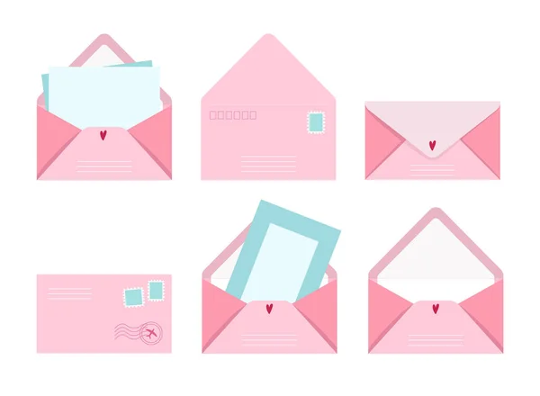 Posta kartı ve zarf seti, vektör illüstrasyon posta mektupları tebrik kartı ve posta pulları, sevimli pembe aşk ve arkadaşlık mektubu koleksiyonu tasarımları.