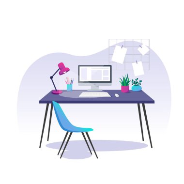 İyi organize edilmiş işyeri. Vektör çizimi, merkez ofis. Evde çalış. Bilgisayar, kırtasiye malzemeleri ve ev bitkileri masaya. Kadınlar için işyeri