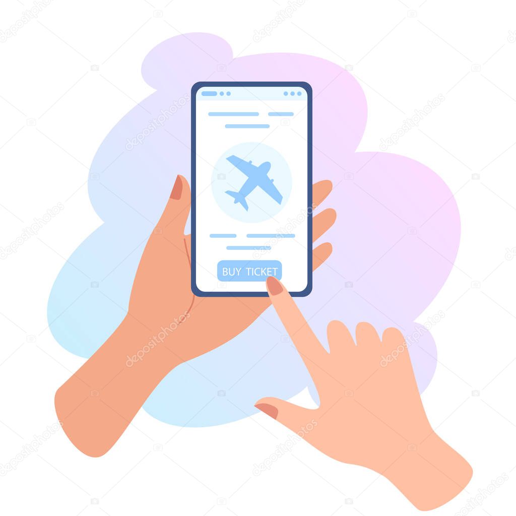 Hand holding phone with flight tickets online booking. Buy a ticket online. Booking a flight for travel. Buying a ticket using your smartphone. Online registration. Vector flat illustration.