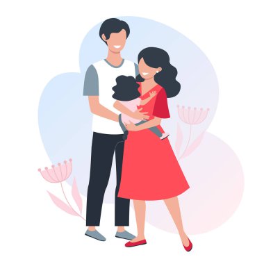 Mutlu bir aile. Genç ebeveynler. Anne kucağında küçük bir çocuk tutuyor. Vektör illüstrasyonu