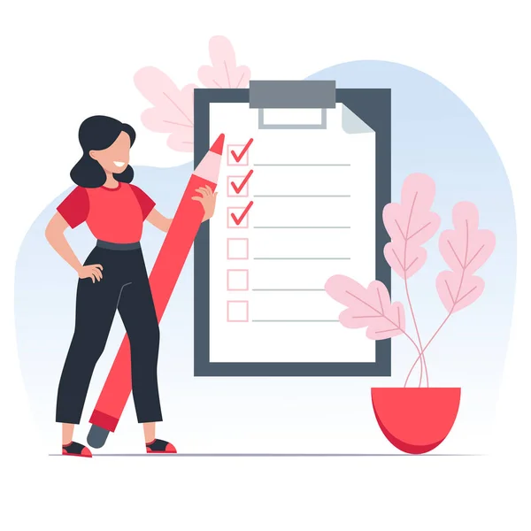 Yapılacaklar listesi pankartı tasarımı, kızın elinde kırmızı bir kalem ve görevleri zamanında tamamlayan notlar. Zaman yönetimi konsepti. Çizgi film tarzında vektör illüstrasyonu.