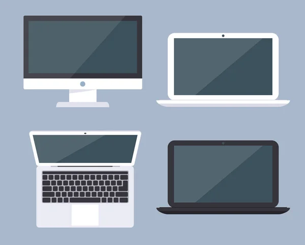 Set Moderni Dispositivi Elettronici Illustrazione Stile Piatto Laptop Computer Schermo — Vettoriale Stock